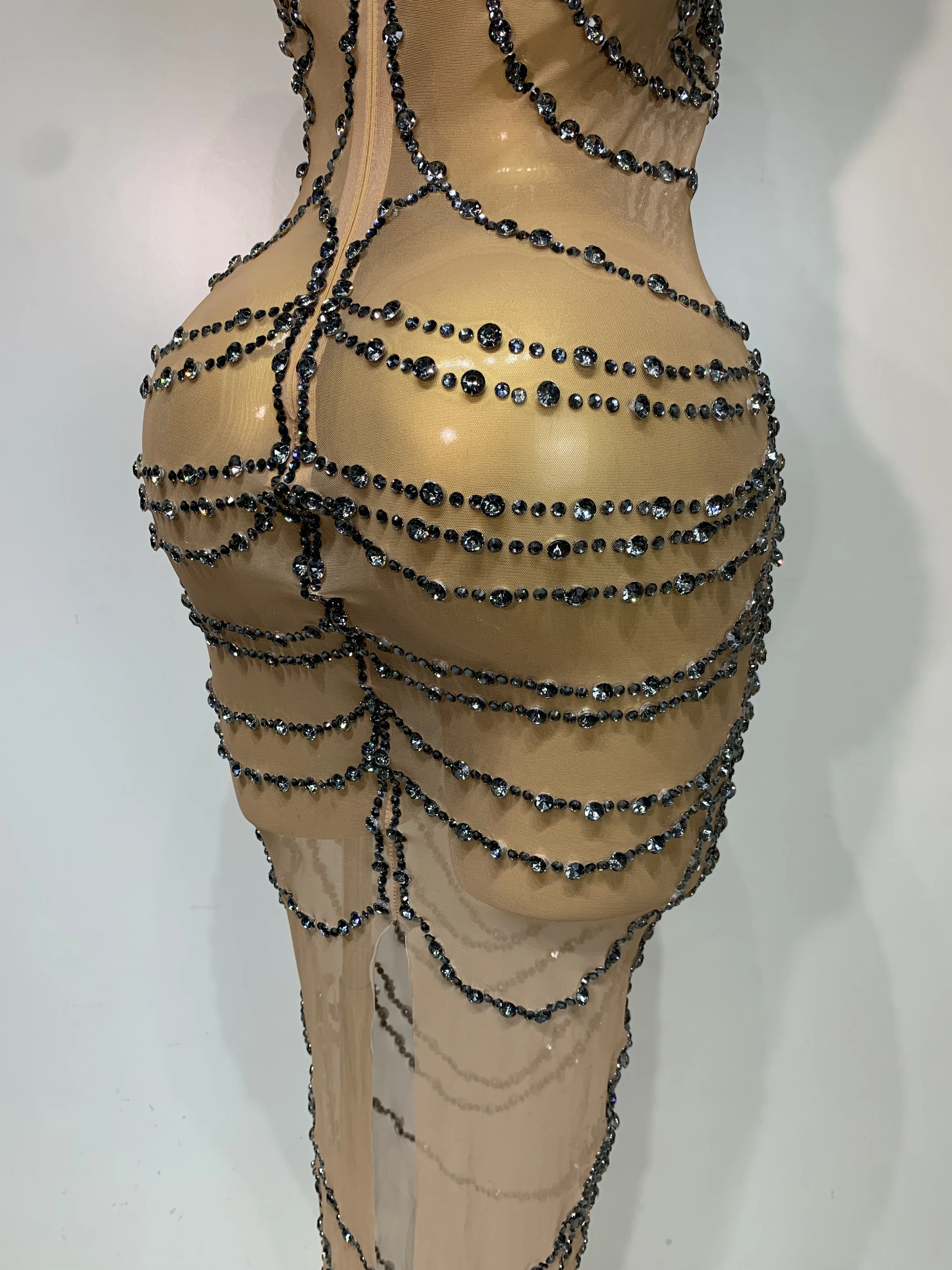 Sparkly Rhinestone Sexy Transparent Mesh Long Dress 2025 Women Luxury Birthday Club Party Gown Stage Singer Performance Costume