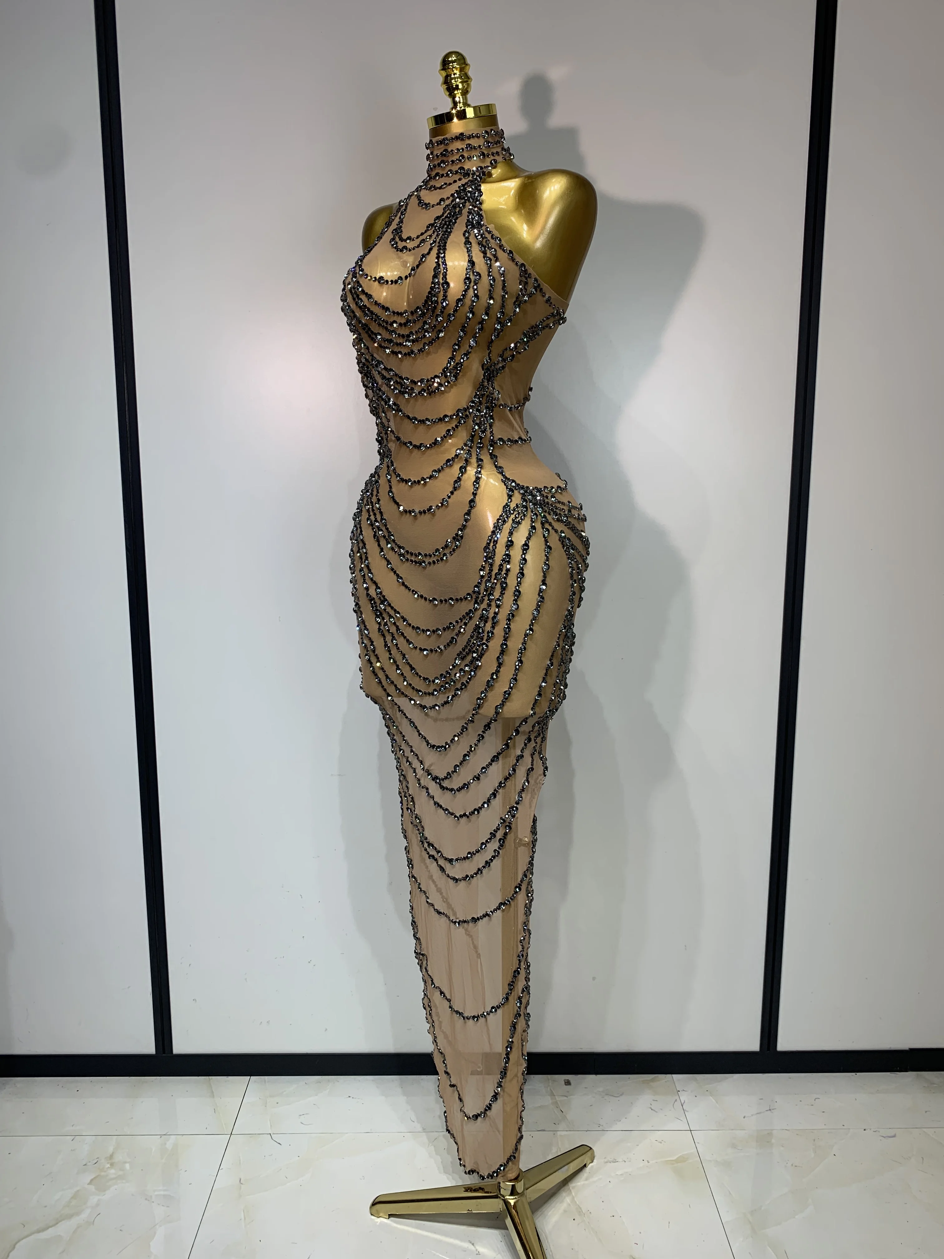 Sparkly Rhinestone Sexy Transparent Mesh Long Dress 2025 Women Luxury Birthday Club Party Gown Stage Singer Performance Costume