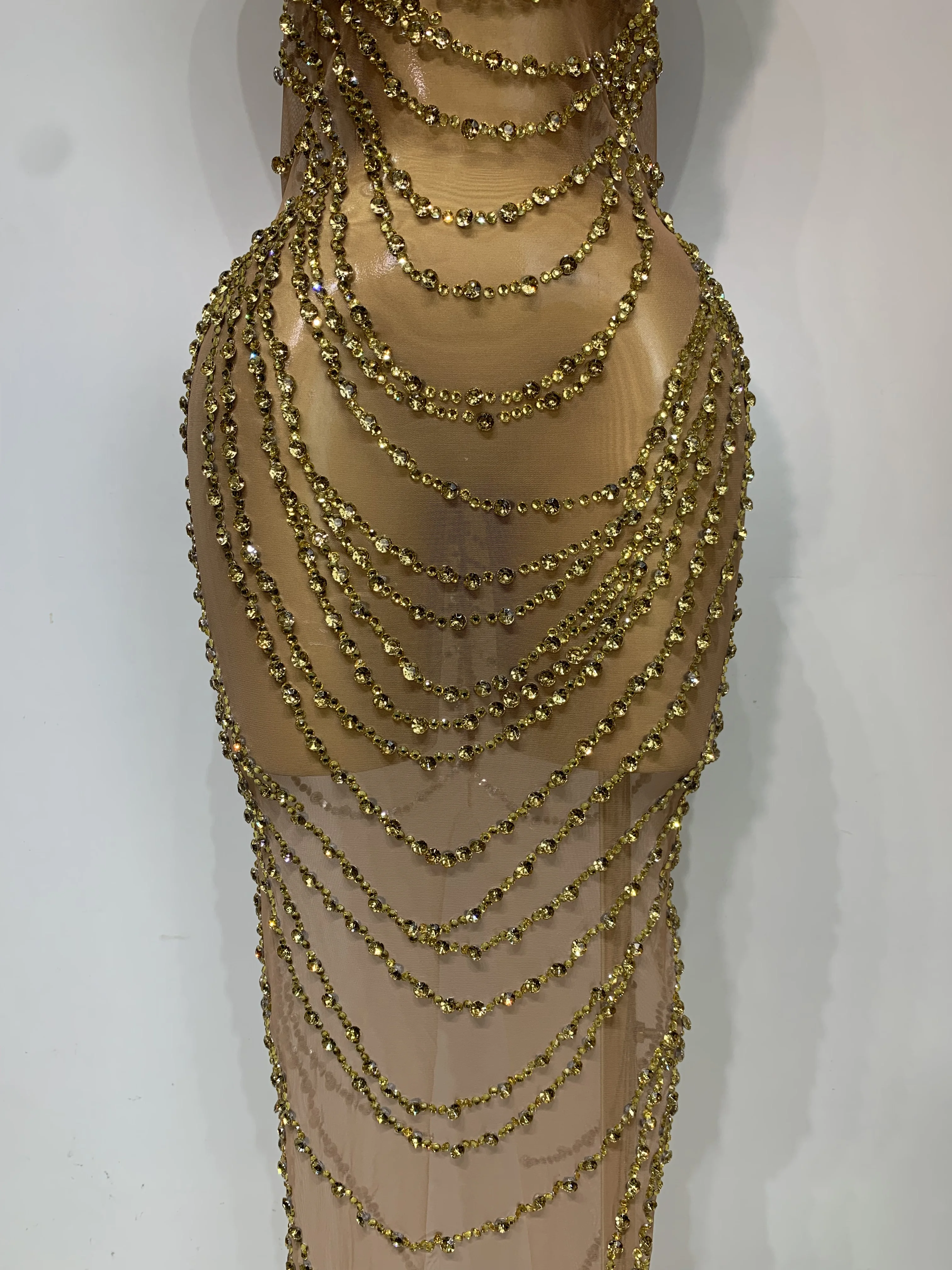 Sparkly Rhinestone Sexy Transparent Mesh Long Dress 2025 Women Luxury Birthday Club Party Gown Stage Singer Performance Costume