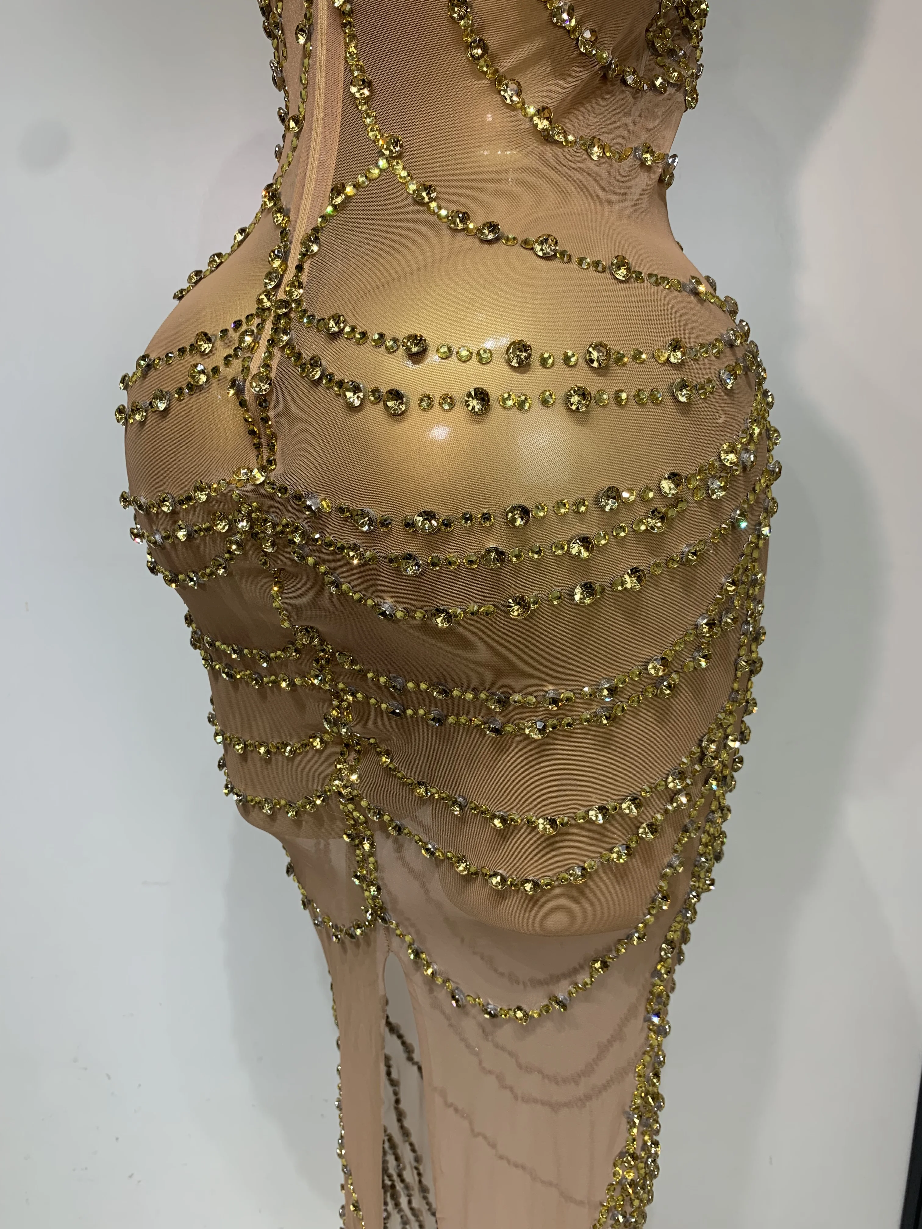 Sparkly Rhinestone Sexy Transparent Mesh Long Dress 2025 Women Luxury Birthday Club Party Gown Stage Singer Performance Costume