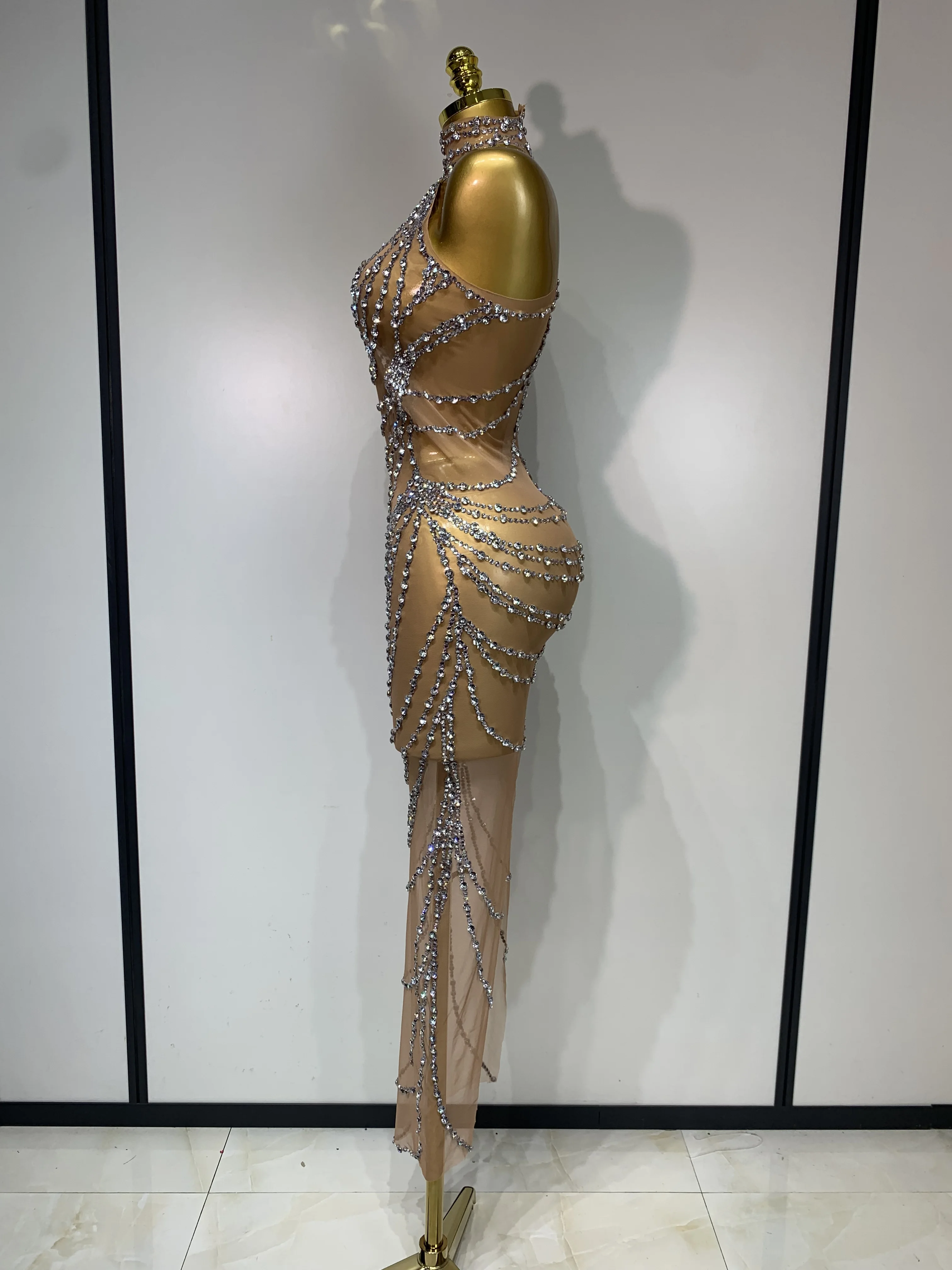 Sparkly Rhinestone Sexy Transparent Mesh Long Dress 2025 Women Luxury Birthday Club Party Gown Stage Singer Performance Costume