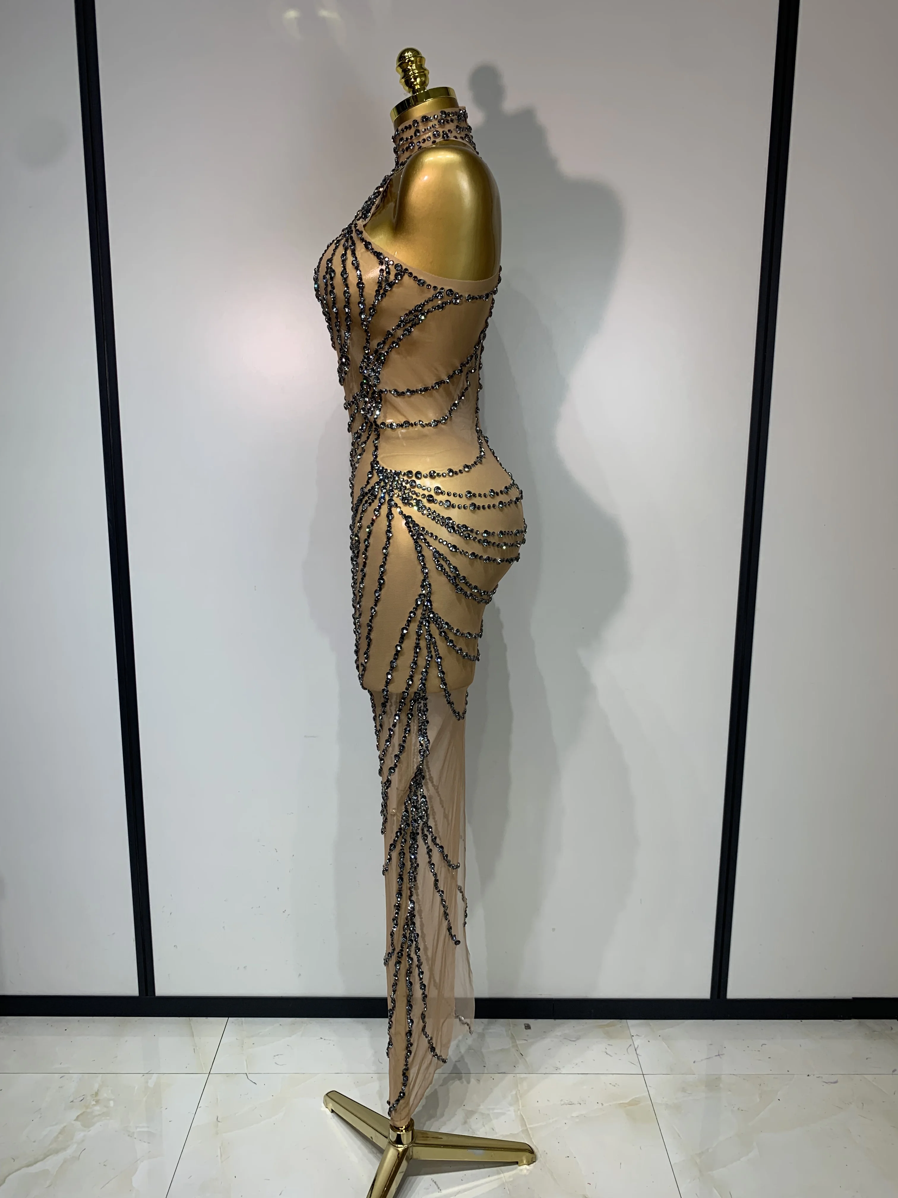 Sparkly Rhinestone Sexy Transparent Mesh Long Dress 2025 Women Luxury Birthday Club Party Gown Stage Singer Performance Costume