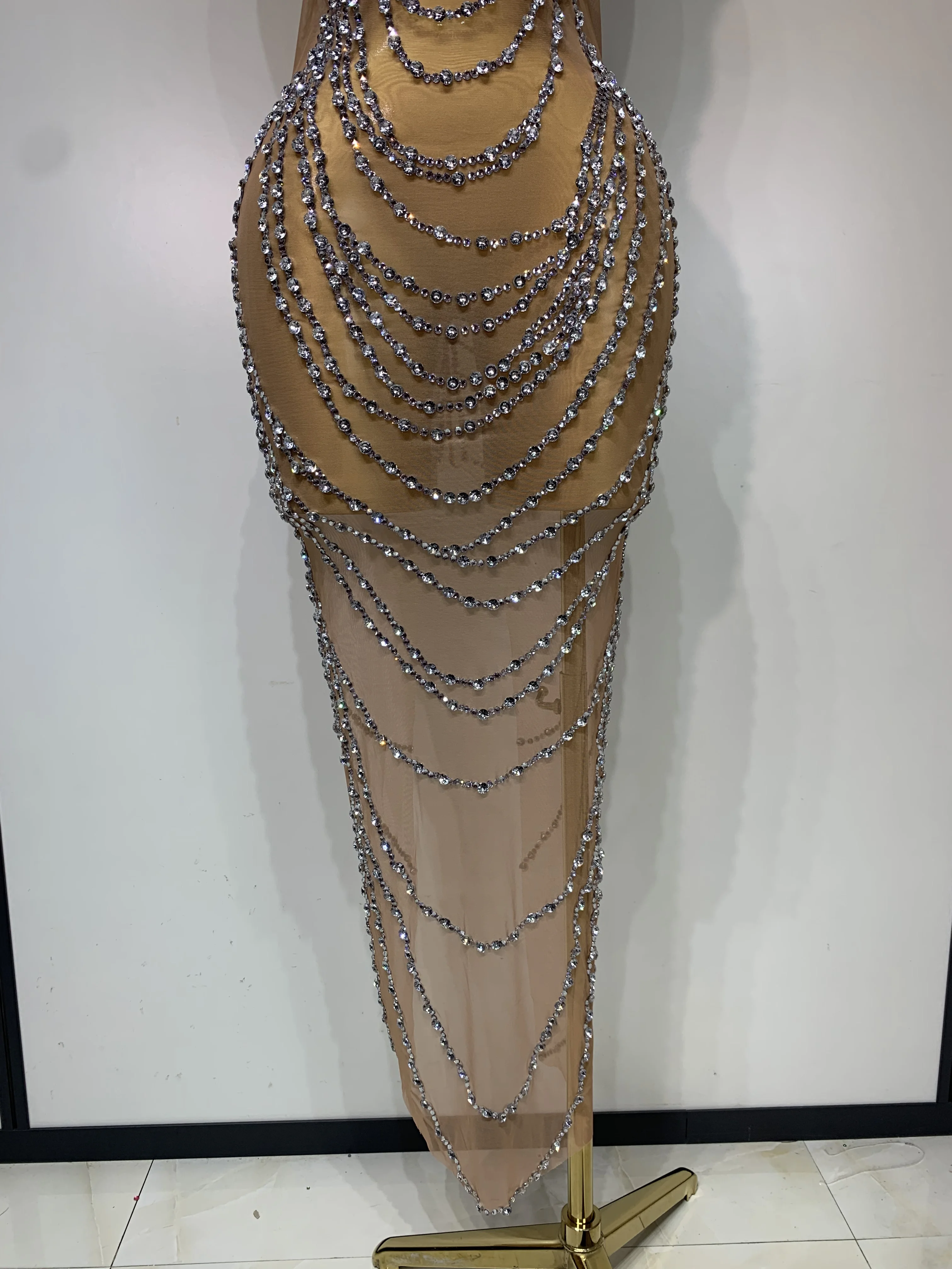 Sparkly Rhinestone Sexy Transparent Mesh Long Dress 2025 Women Luxury Birthday Club Party Gown Stage Singer Performance Costume