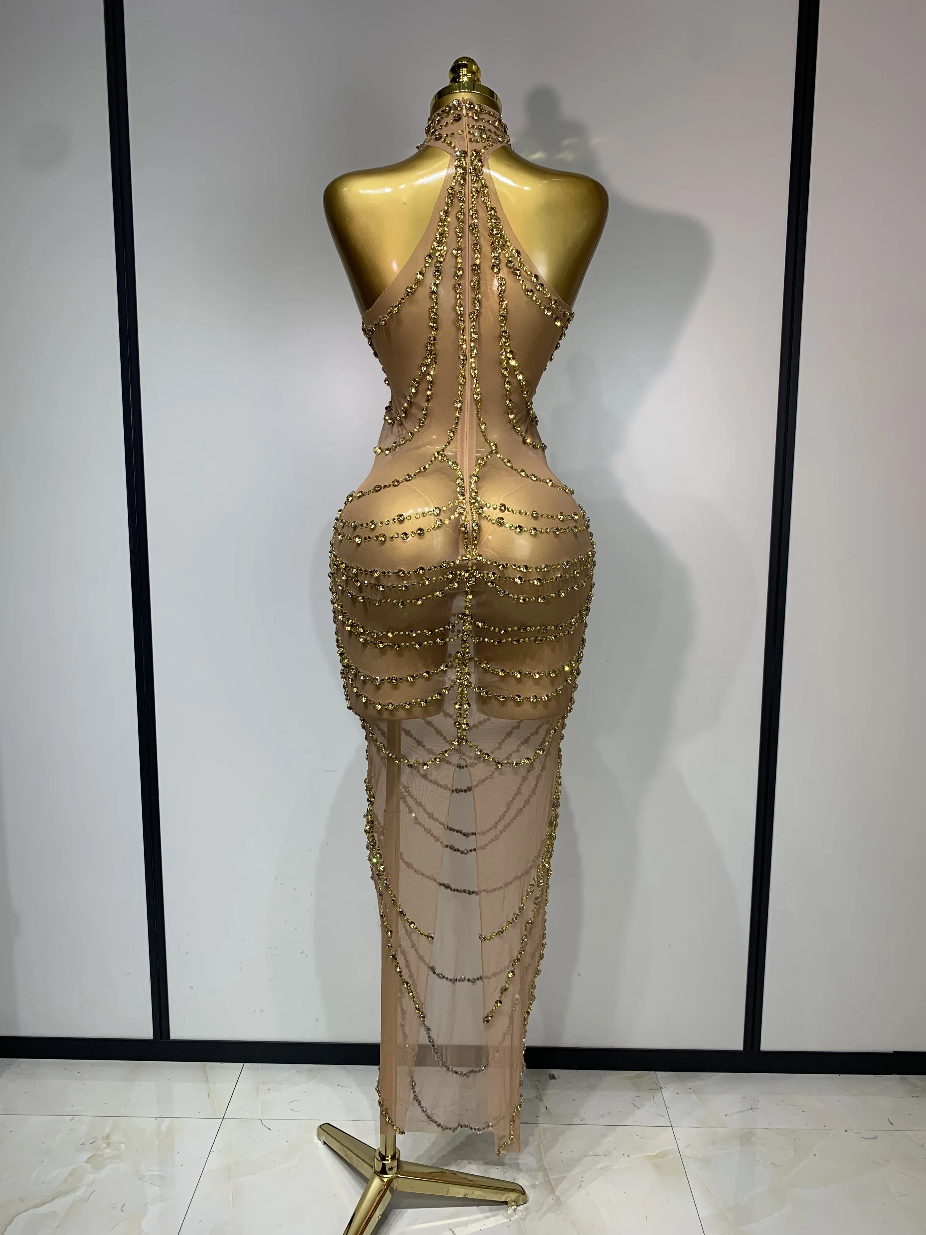 Sparkly Rhinestone Sexy Transparent Mesh Long Dress 2025 Women Luxury Birthday Club Party Gown Stage Singer Performance Costume