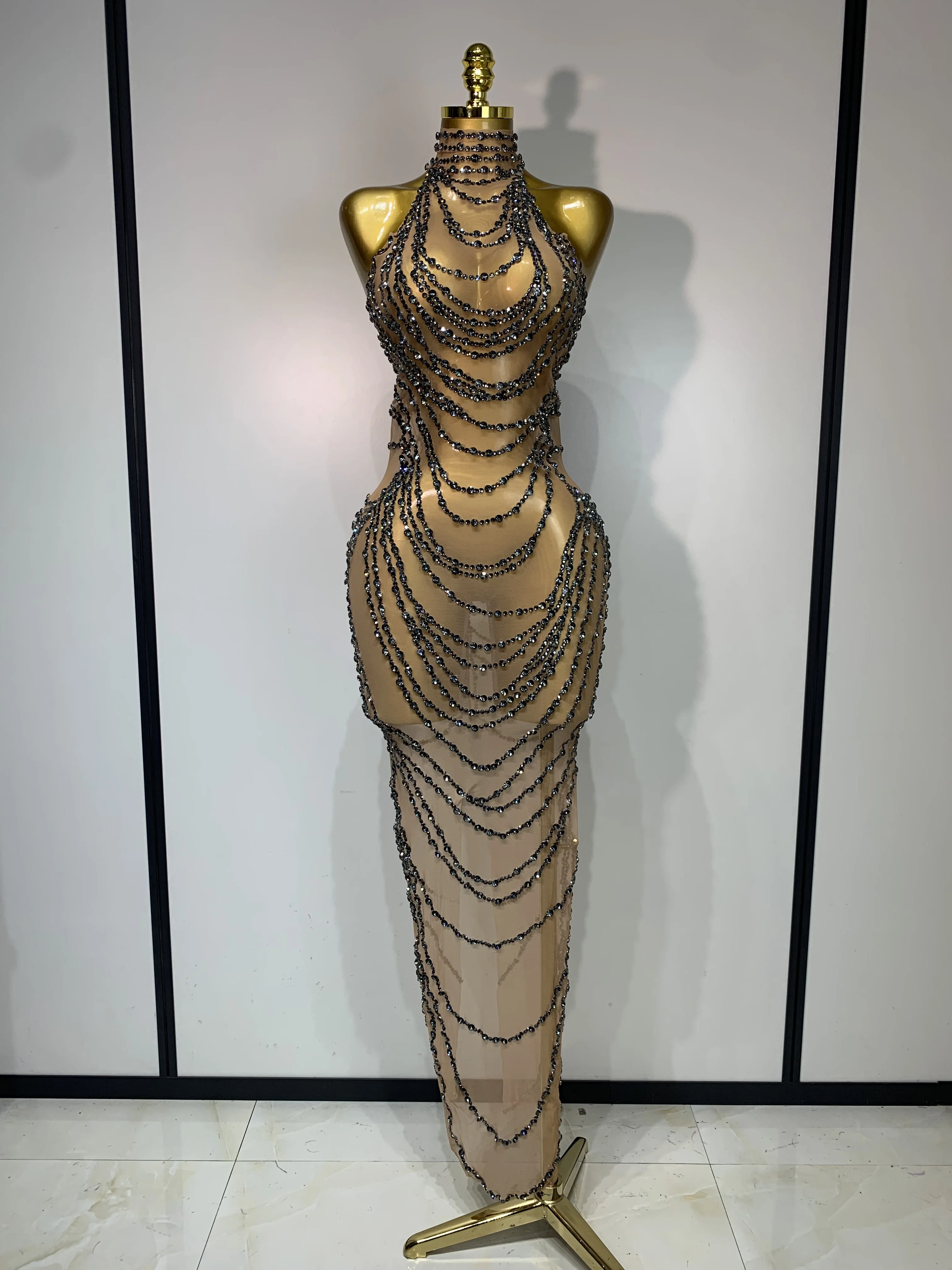 Sparkly Rhinestone Sexy Transparent Mesh Long Dress 2025 Women Luxury Birthday Club Party Gown Stage Singer Performance Costume
