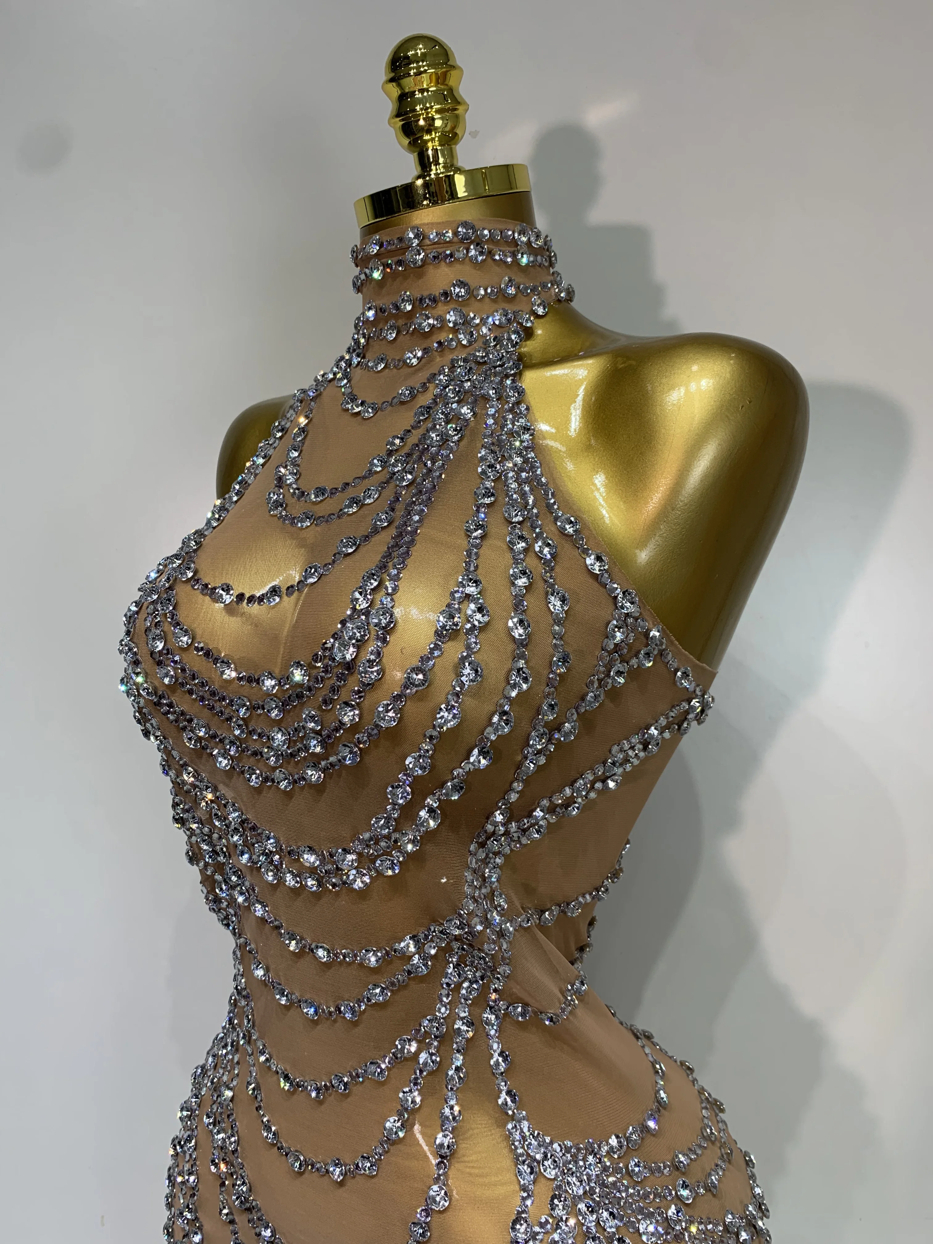Sparkly Rhinestone Sexy Transparent Mesh Long Dress 2025 Women Luxury Birthday Club Party Gown Stage Singer Performance Costume