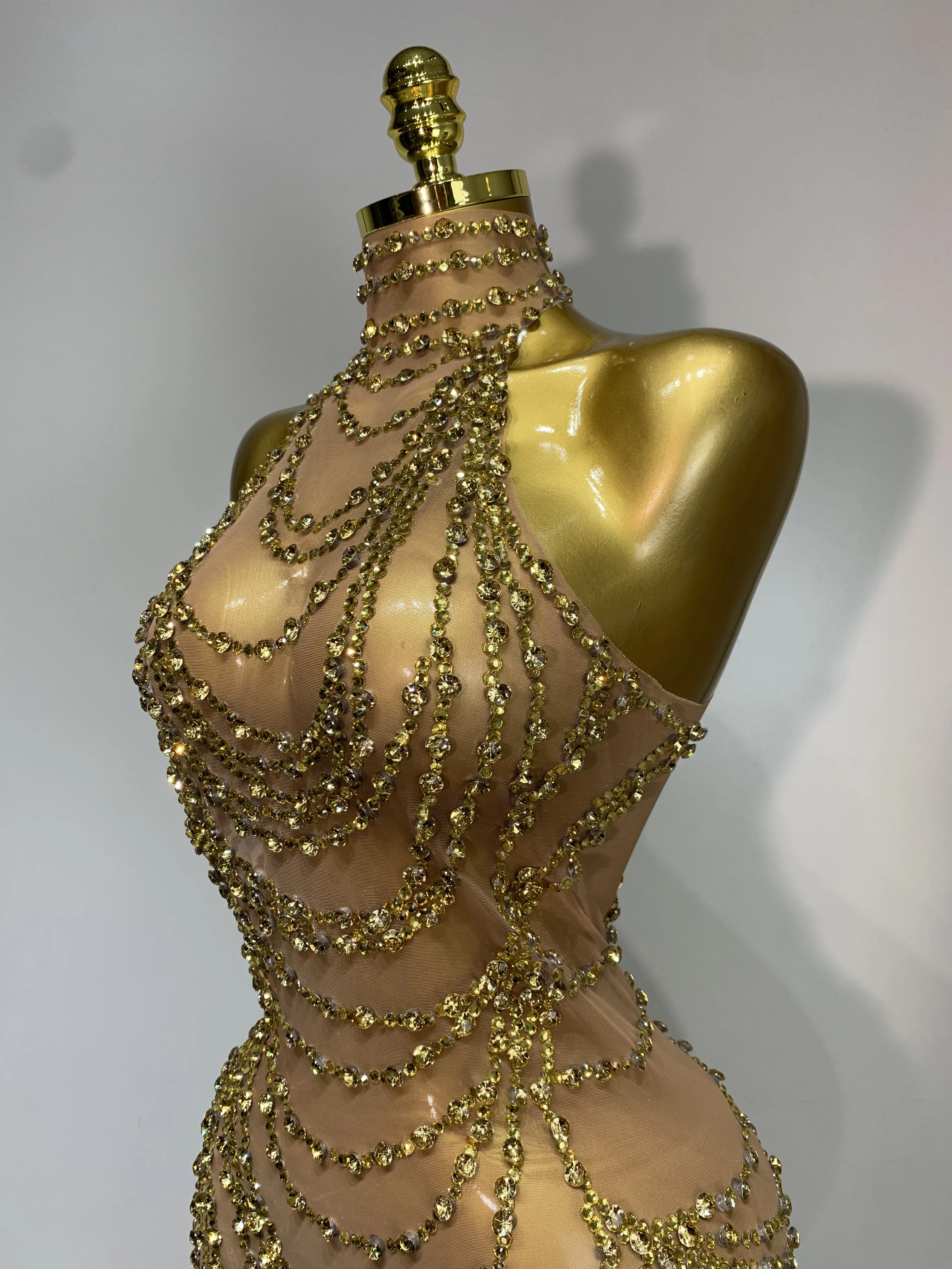 Sparkly Rhinestone Sexy Transparent Mesh Long Dress 2025 Women Luxury Birthday Club Party Gown Stage Singer Performance Costume