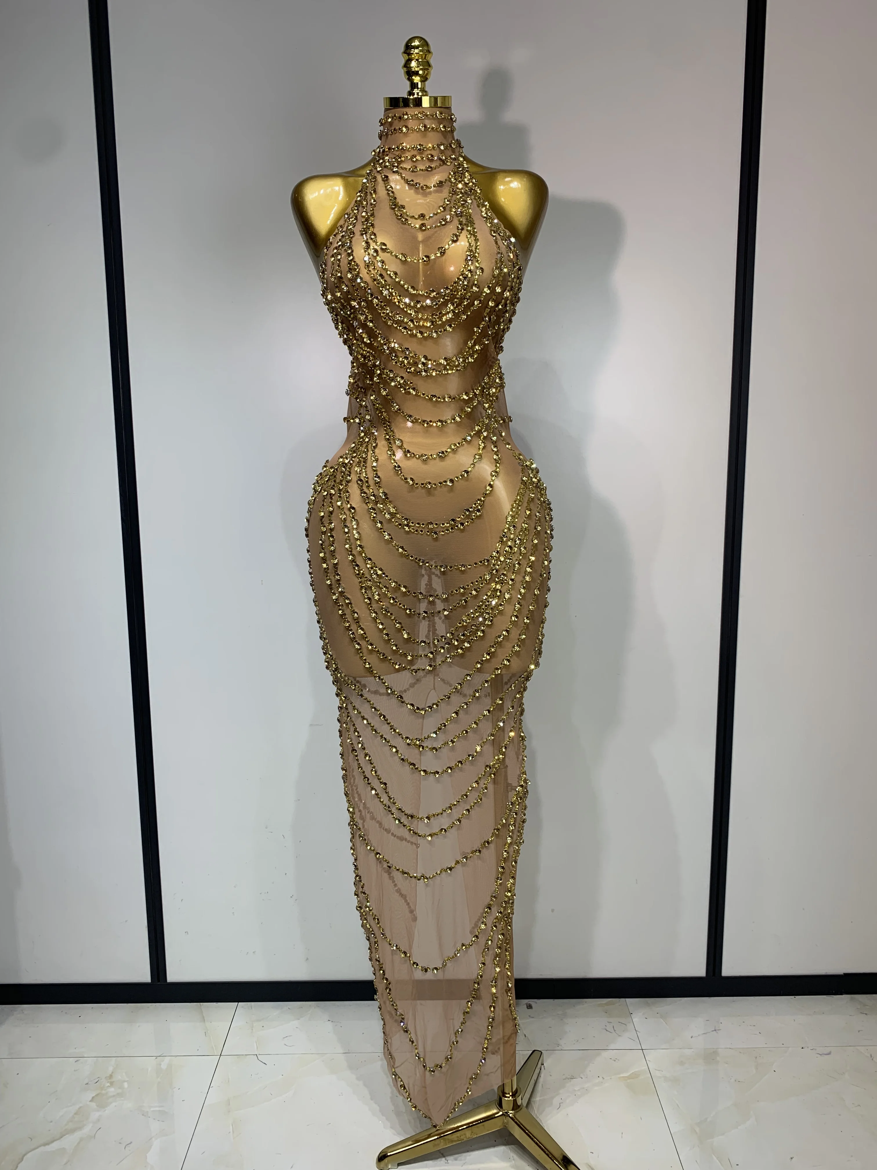 Sparkly Rhinestone Sexy Transparent Mesh Long Dress 2025 Women Luxury Birthday Club Party Gown Stage Singer Performance Costume