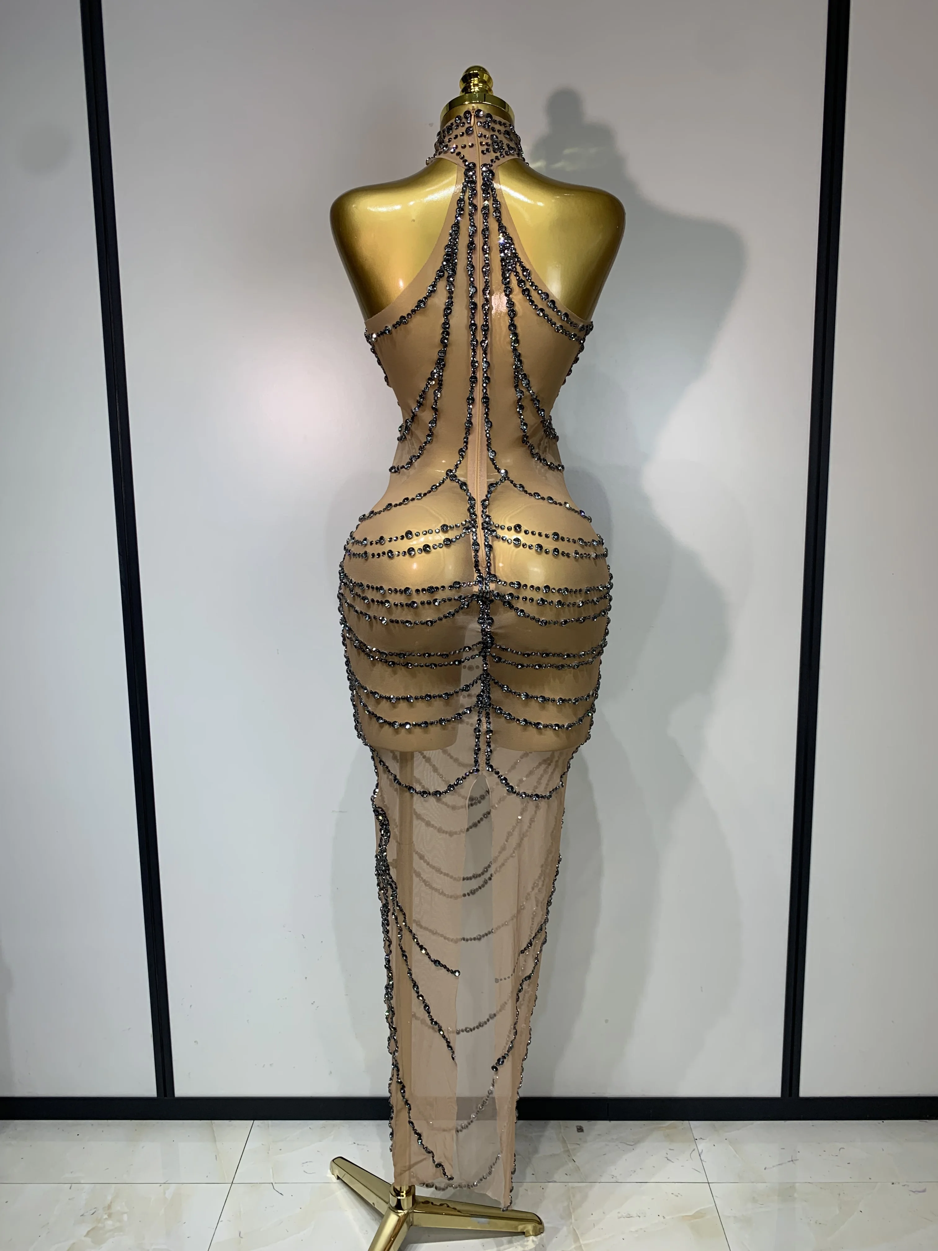 Sparkly Rhinestone Sexy Transparent Mesh Long Dress 2025 Women Luxury Birthday Club Party Gown Stage Singer Performance Costume