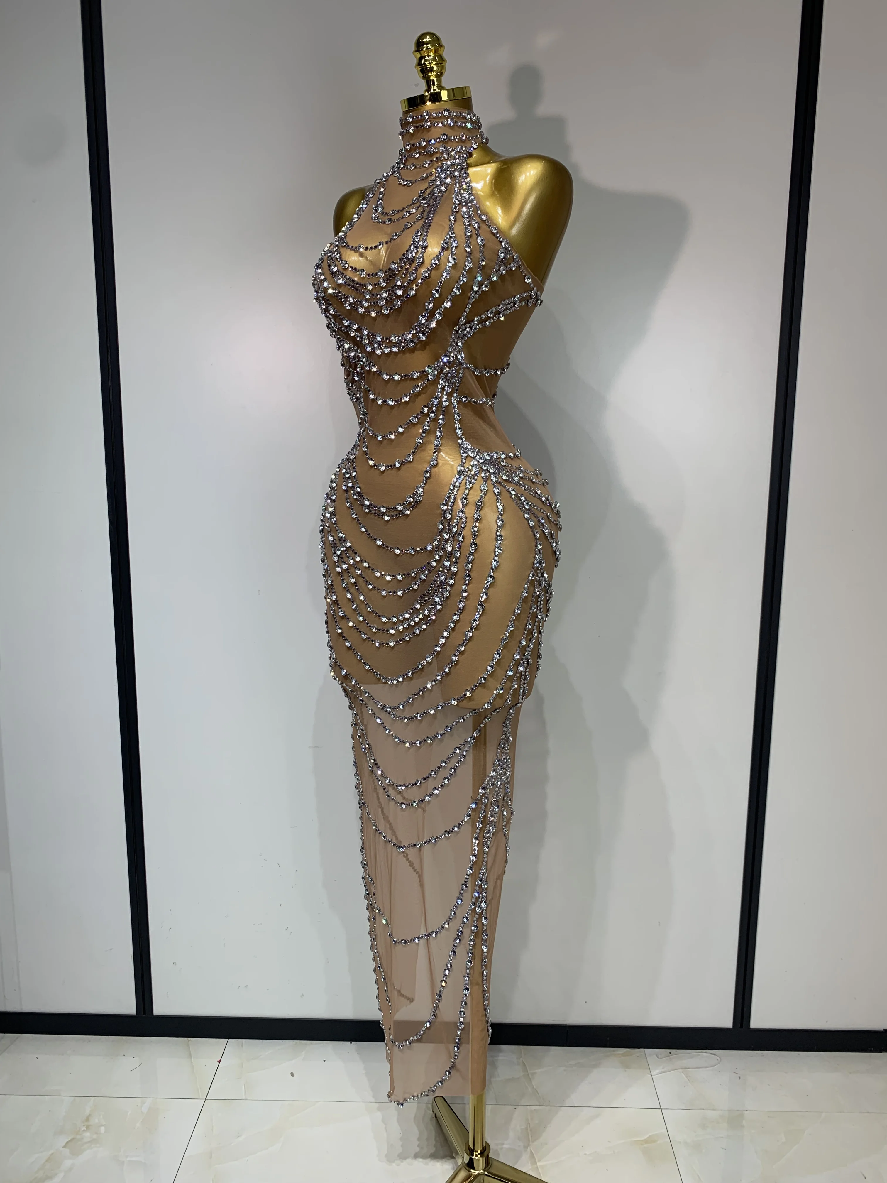 Sparkly Rhinestone Sexy Transparent Mesh Long Dress 2025 Women Luxury Birthday Club Party Gown Stage Singer Performance Costume