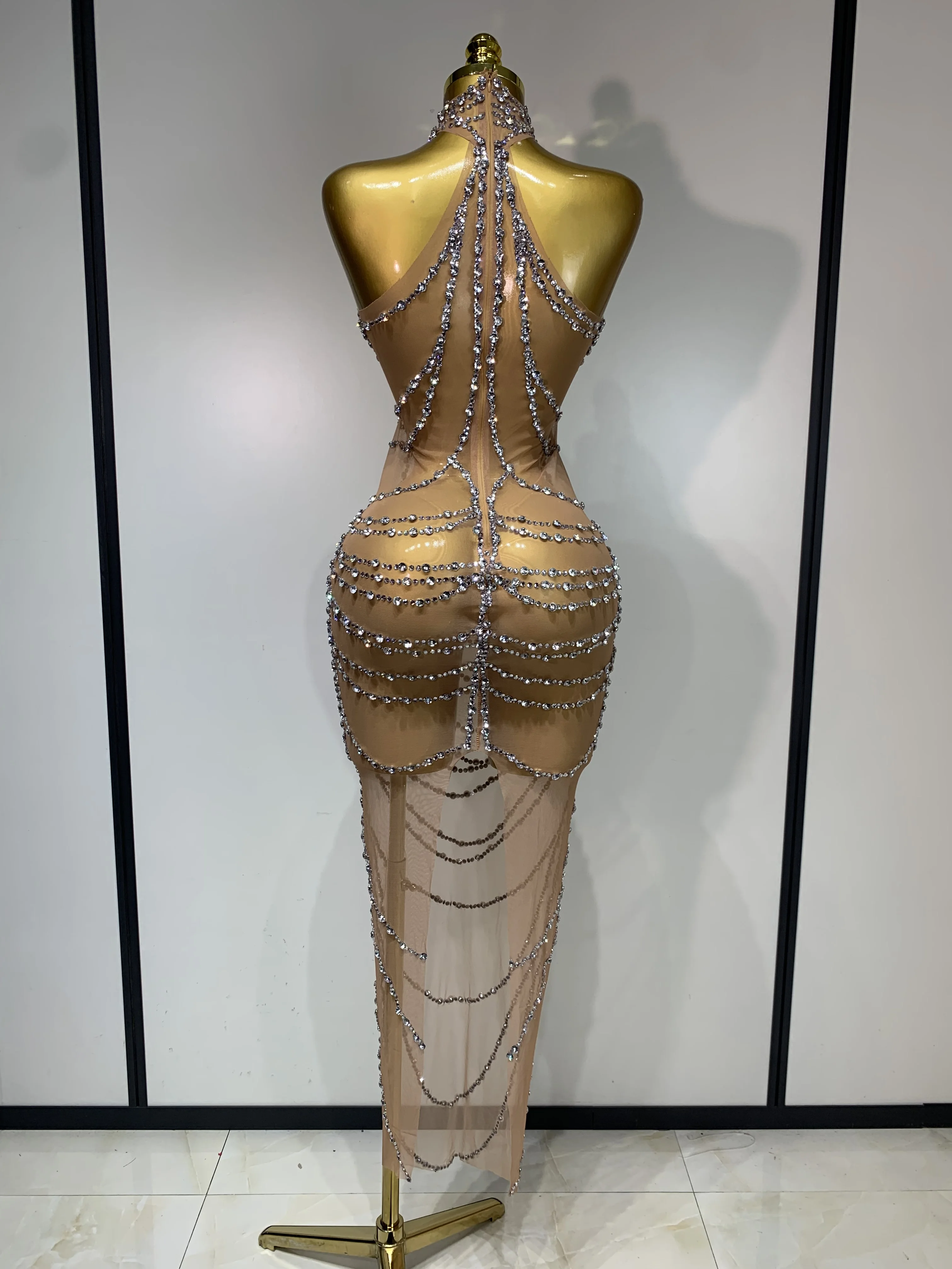 Sparkly Rhinestone Sexy Transparent Mesh Long Dress 2025 Women Luxury Birthday Club Party Gown Stage Singer Performance Costume