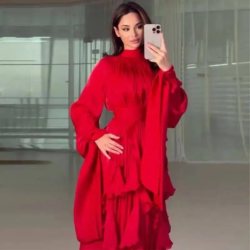 LGRQ early autumn turtleneck full sleeves shinny ruffles pullover Arabic styles floor length vacation dress female vestido