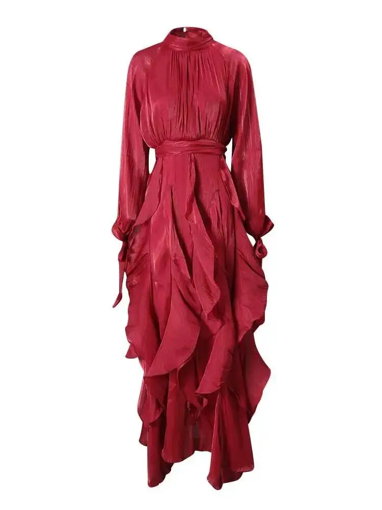 LGRQ early autumn turtleneck full sleeves shinny ruffles pullover Arabic styles floor length vacation dress female vestido
