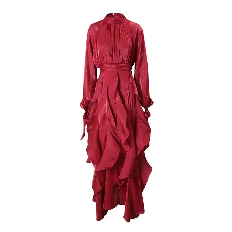 LGRQ early autumn turtleneck full sleeves shinny ruffles pullover Arabic styles floor length vacation dress female vestido