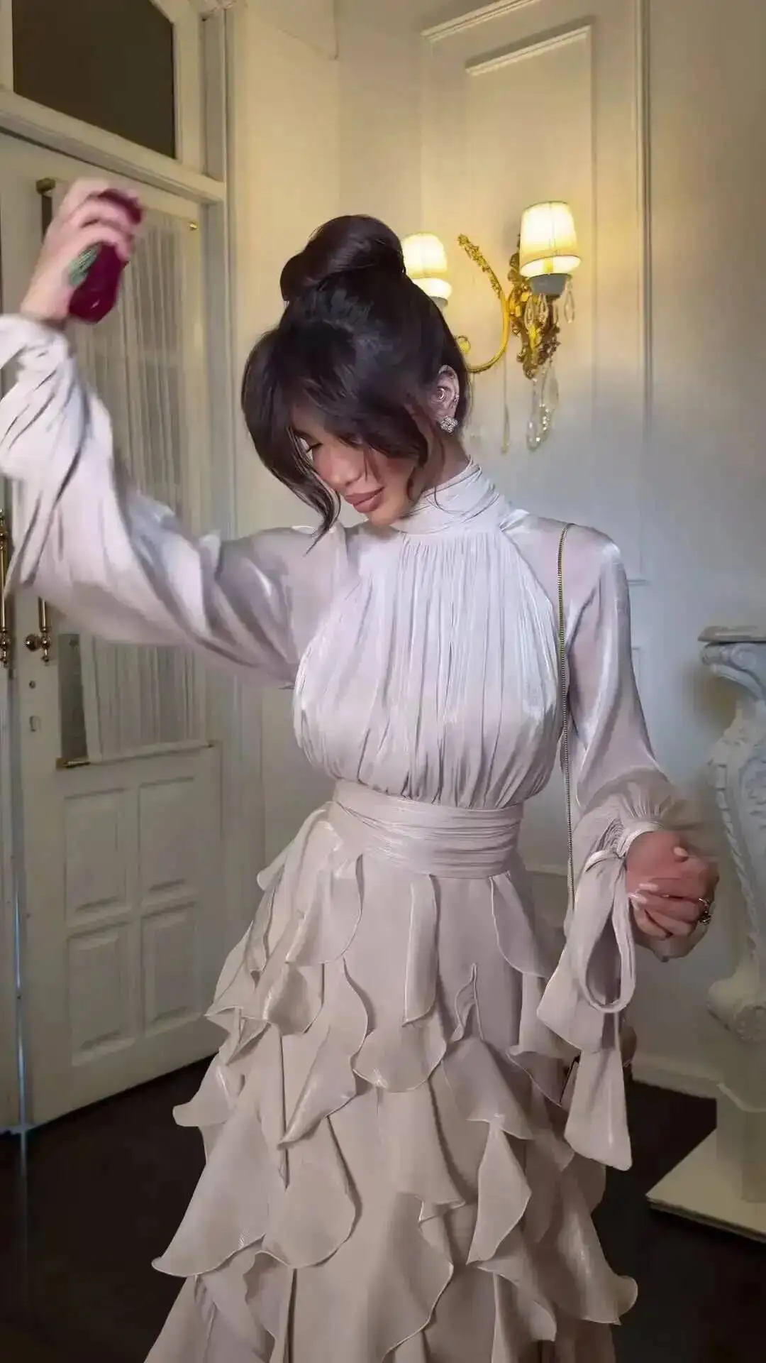 LGRQ early autumn turtleneck full sleeves shinny ruffles pullover Arabic styles floor length vacation dress female vestido
