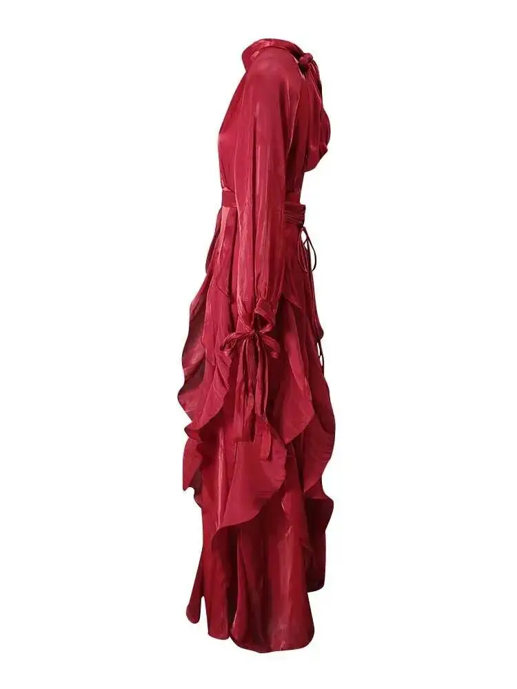 LGRQ early autumn turtleneck full sleeves shinny ruffles pullover Arabic styles floor length vacation dress female vestido