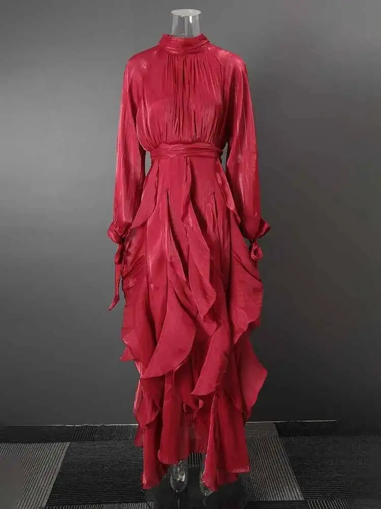 LGRQ early autumn turtleneck full sleeves shinny ruffles pullover Arabic styles floor length vacation dress female vestido