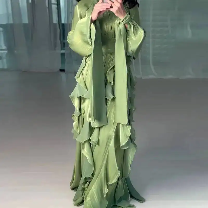 LGRQ early autumn turtleneck full sleeves shinny ruffles pullover Arabic styles floor length vacation dress female vestido