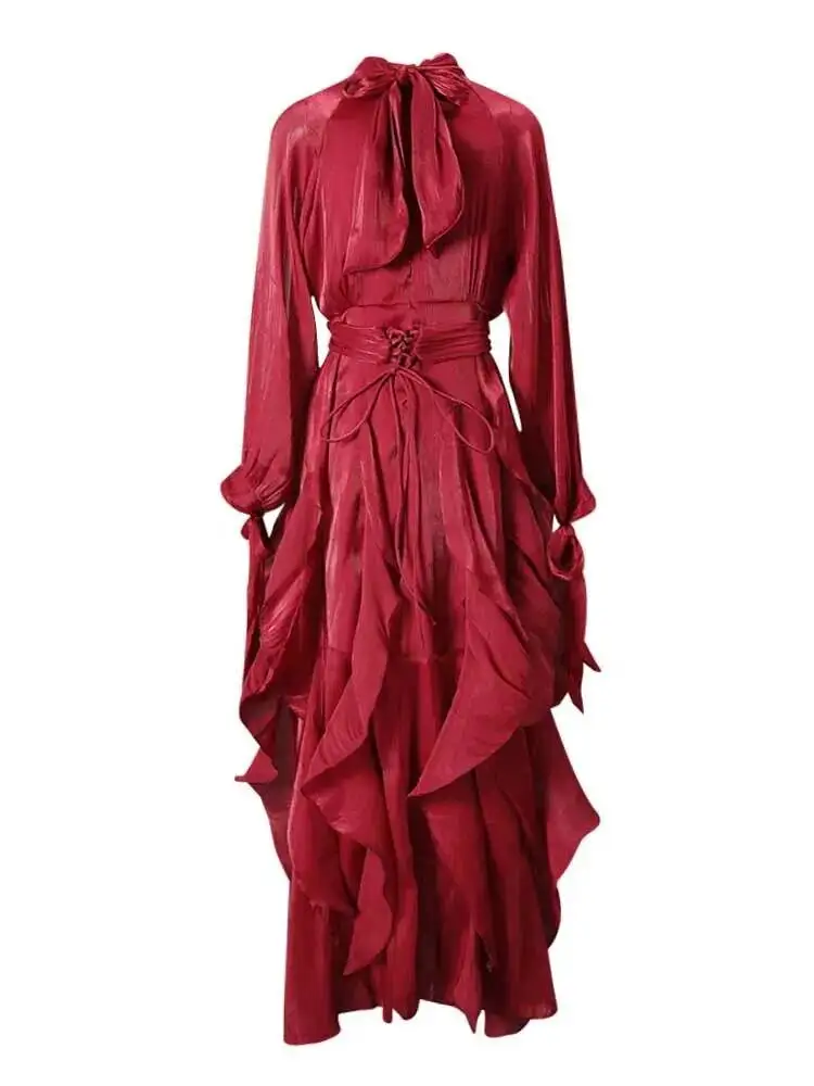 LGRQ early autumn turtleneck full sleeves shinny ruffles pullover Arabic styles floor length vacation dress female vestido