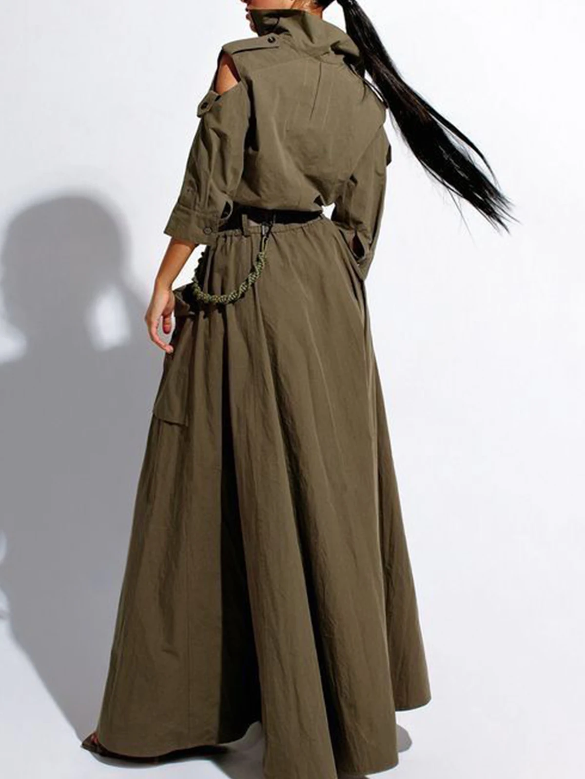 Summer Dress for Women 2026 Retro Turn-down Collar Cold Shoulder Half Sleeve Zipper Belt Pockets Split High Waist Maxi Dresses