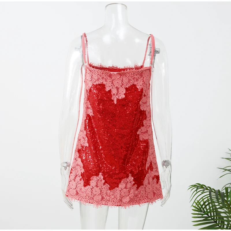 Sexy Sequin Lace Trim Dress Women Fashion V-neck Sleeveless High Waist Mini Sling Dresses 2026 Summer Lady Vacation Robe