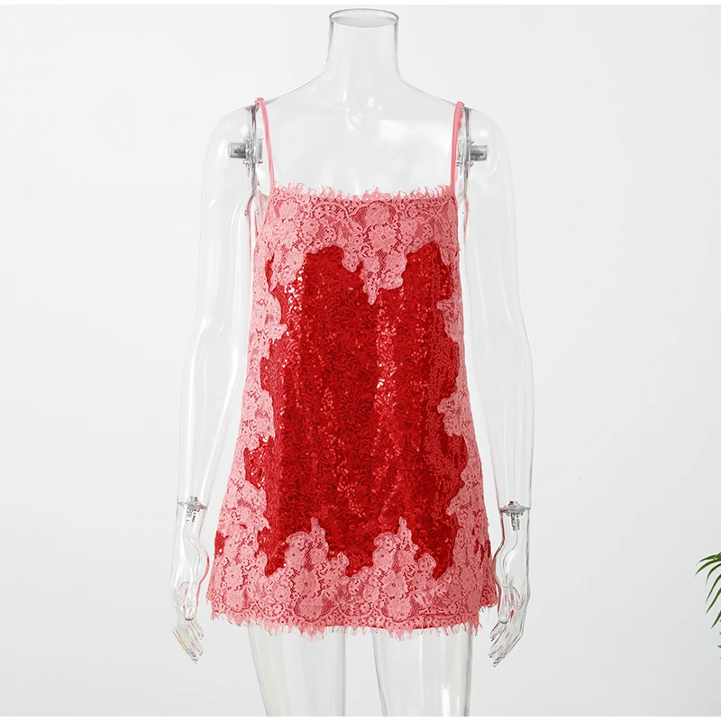 Sexy Sequin Lace Trim Dress Women Fashion V-neck Sleeveless High Waist Mini Sling Dresses 2026 Summer Lady Vacation Robe
