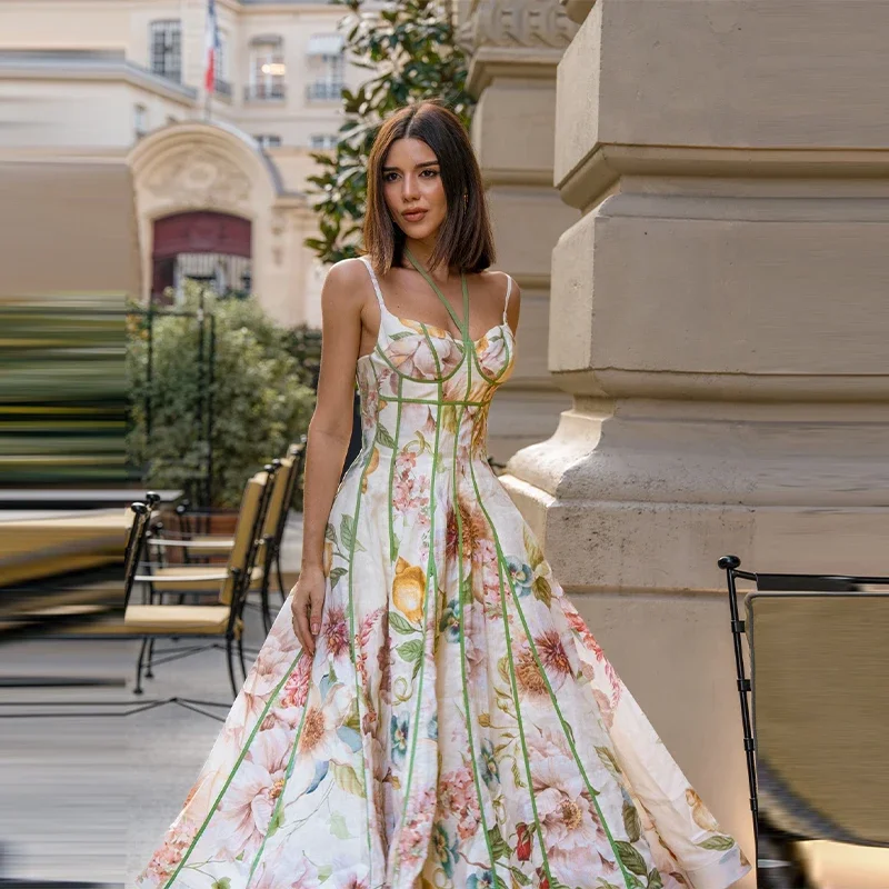 Elegant Printed Flower Women's Dress Contrast Sleeveless Halter Waist-Closed A-Line Lady Dresses Summer Fashion Vacation Robe