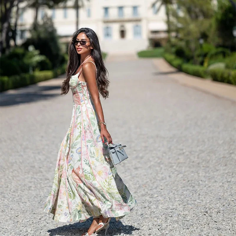 Elegant Printed Flower Women's Dress Contrast Sleeveless Halter Waist-Closed A-Line Lady Dresses Summer Fashion Vacation Robe