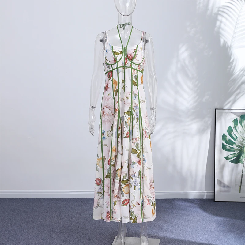 Elegant Printed Flower Women's Dress Contrast Sleeveless Halter Waist-Closed A-Line Lady Dresses Summer Fashion Vacation Robe