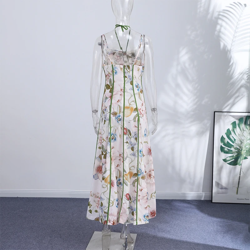 Elegant Printed Flower Women's Dress Contrast Sleeveless Halter Waist-Closed A-Line Lady Dresses Summer Fashion Vacation Robe