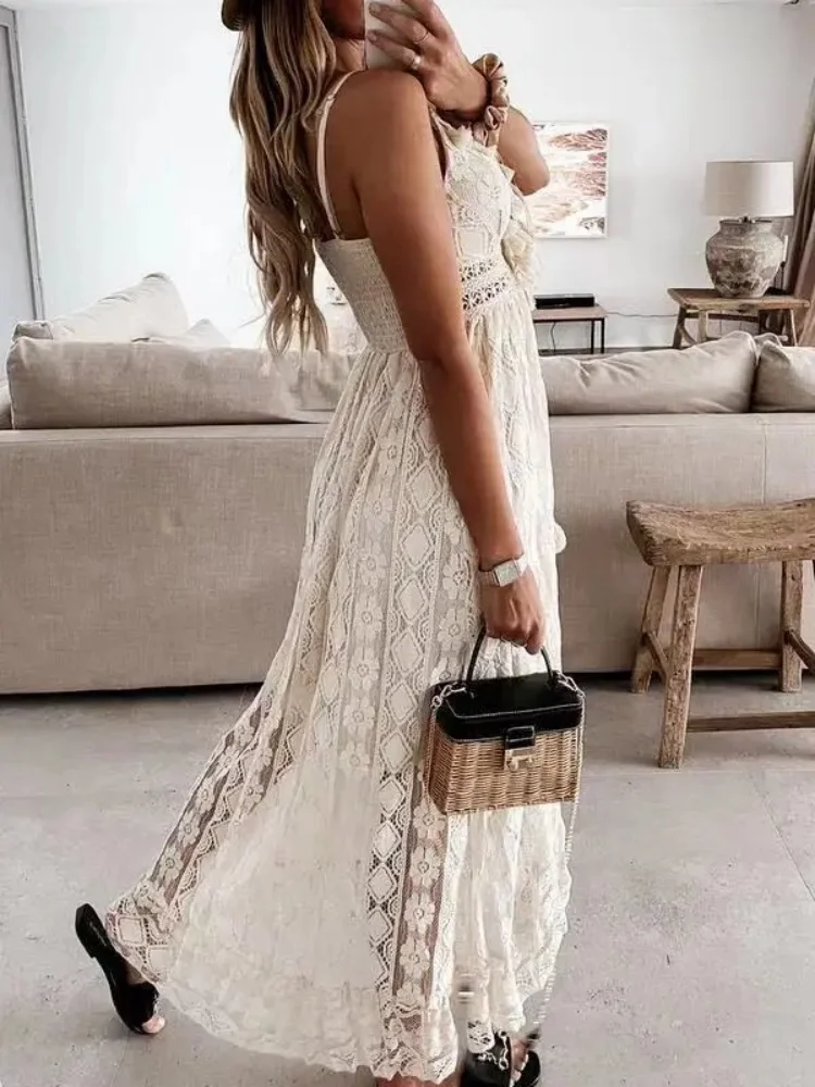 Summer Fashion Sexy Beach Vacation Long Dress Lace Sleeveless Women Dress V Neck Hollow Out Elegant Loose Dresses