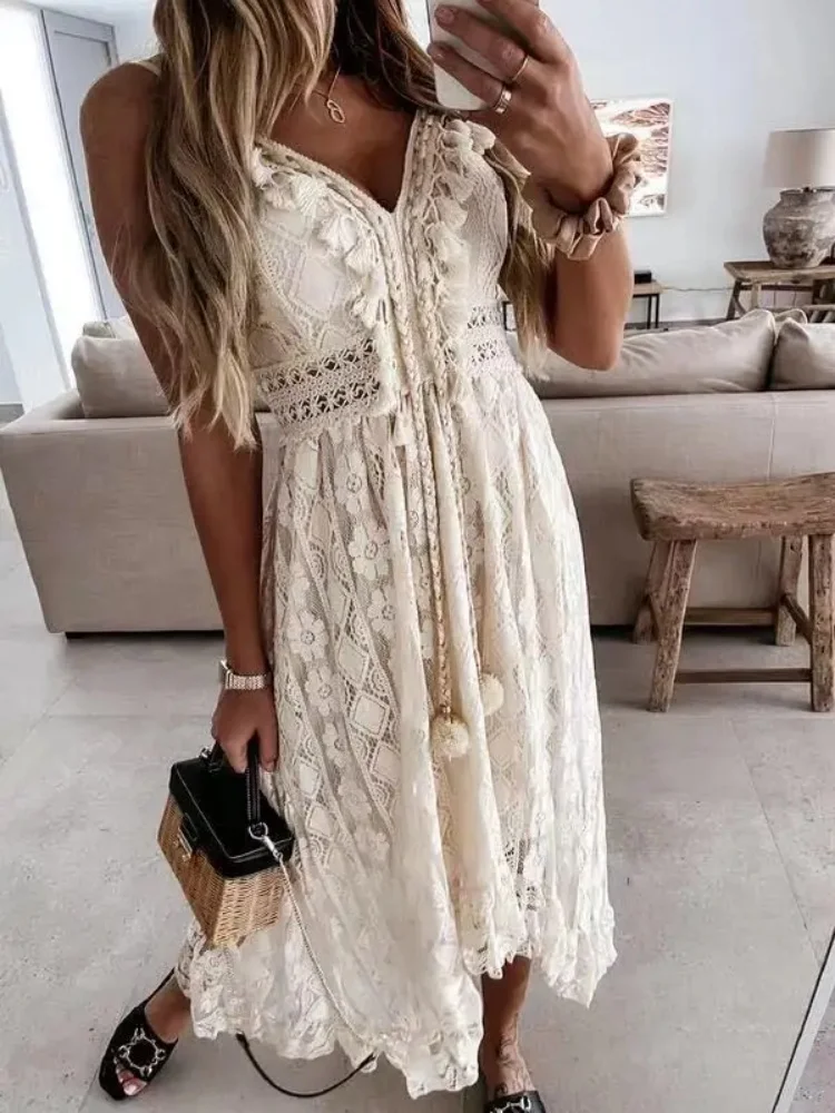 Summer Fashion Sexy Beach Vacation Long Dress Lace Sleeveless Women Dress V Neck Hollow Out Elegant Loose Dresses