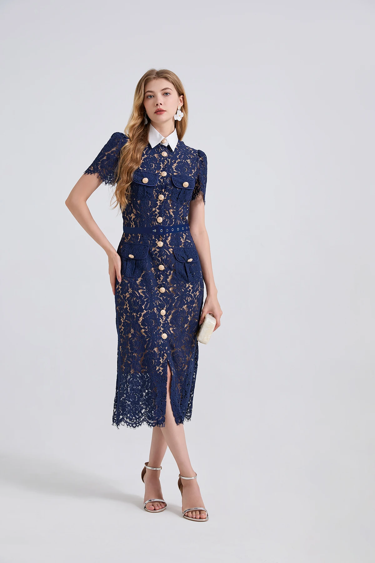 Women's French-Style Elegant Dress - Noble Fashion, Lace with Contrast Collar, Drawstrings, 3D Pockets, Bodycon Fit 2025 Summer
