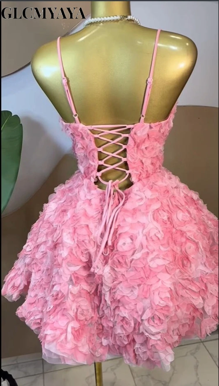CM.YAYA Women Rose Floral Spaghetti Strap Lace Up Back Midi Mini A-line Dress 2026 Street Birthday Party Dresses Trendy Vestidos