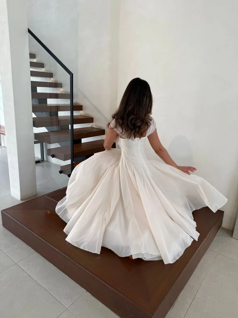 Women's Elegant Tulle Formal Dress Summer Sexy Square Neck Corset Waist A-Line Tea-Length Gown for Wedding Cocktail Party