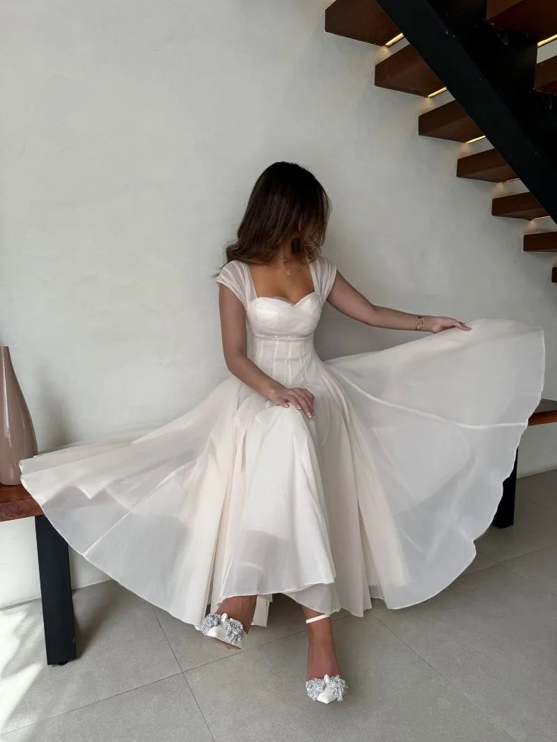 Women's Elegant Tulle Formal Dress Summer Sexy Square Neck Corset Waist A-Line Tea-Length Gown for Wedding Cocktail Party