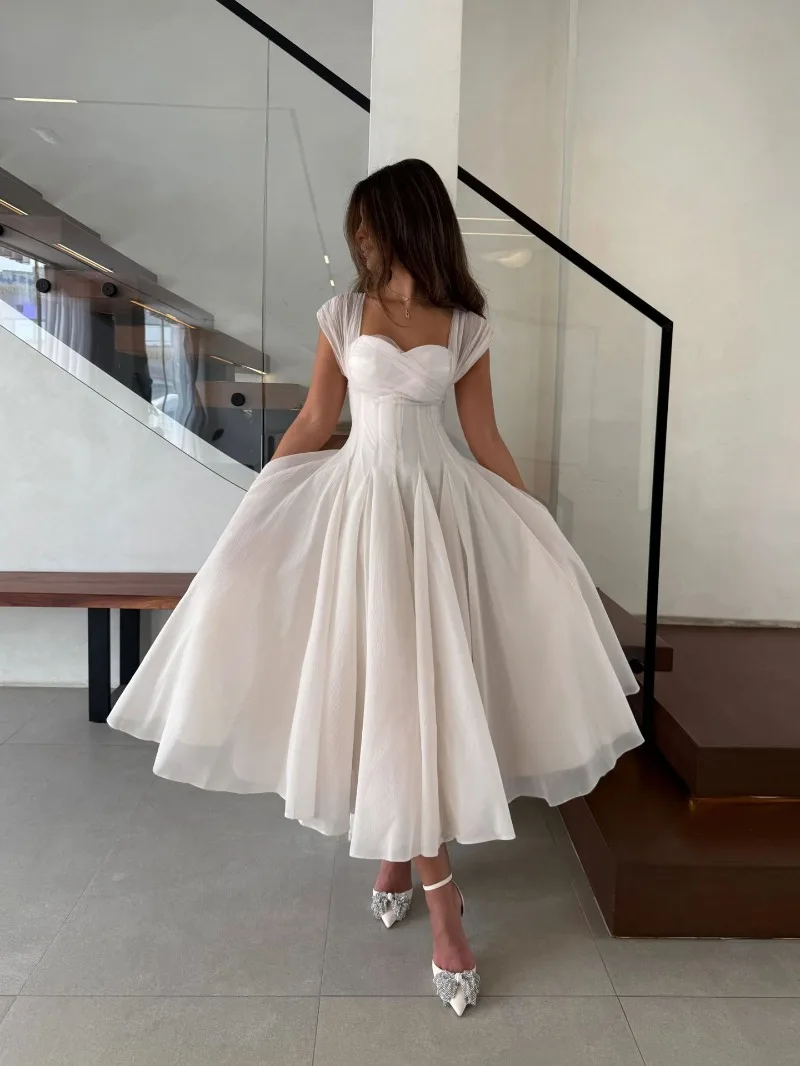 Women's Elegant Tulle Formal Dress Summer Sexy Square Neck Corset Waist A-Line Tea-Length Gown for Wedding Cocktail Party