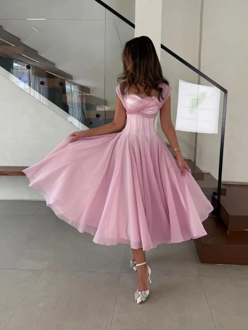 Women's Elegant Tulle Formal Dress Summer Sexy Square Neck Corset Waist A-Line Tea-Length Gown for Wedding Cocktail Party