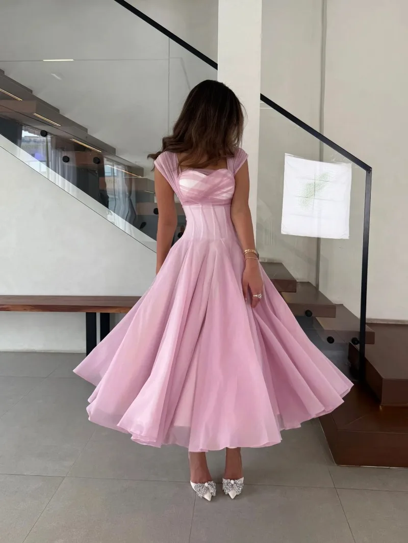 Women's Elegant Tulle Formal Dress Summer Sexy Square Neck Corset Waist A-Line Tea-Length Gown for Wedding Cocktail Party