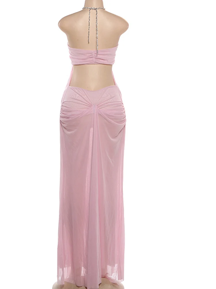 Beyprern Sexy Rhinestone Chain Halter Backless Maxi Dress Women 2026 Summer Cut Out Ruched Club Vestidos Bodycon Long Dresses