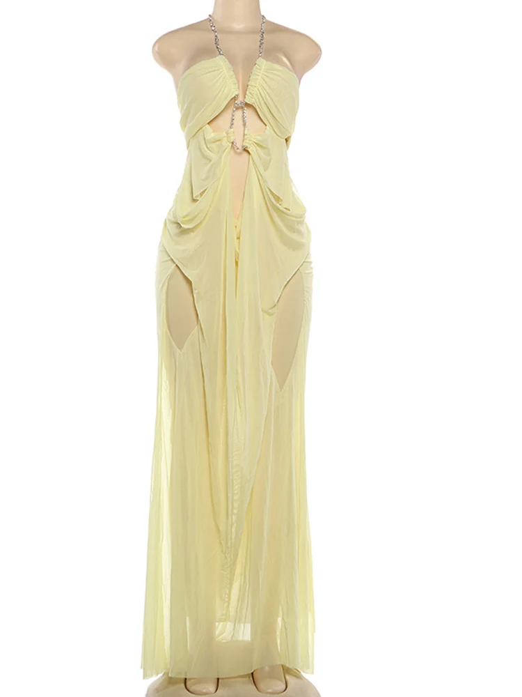 Beyprern Sexy Rhinestone Chain Halter Backless Maxi Dress Women 2026 Summer Cut Out Ruched Club Vestidos Bodycon Long Dresses