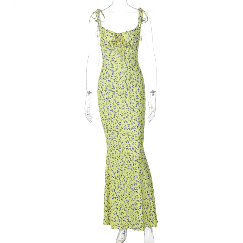 Hugcitar Floral Print Sleeveless Backless Slips Lace Up Maxi Dress Sexy Bodycon Summer Elegant Outfits Holiday Party Wholesale
