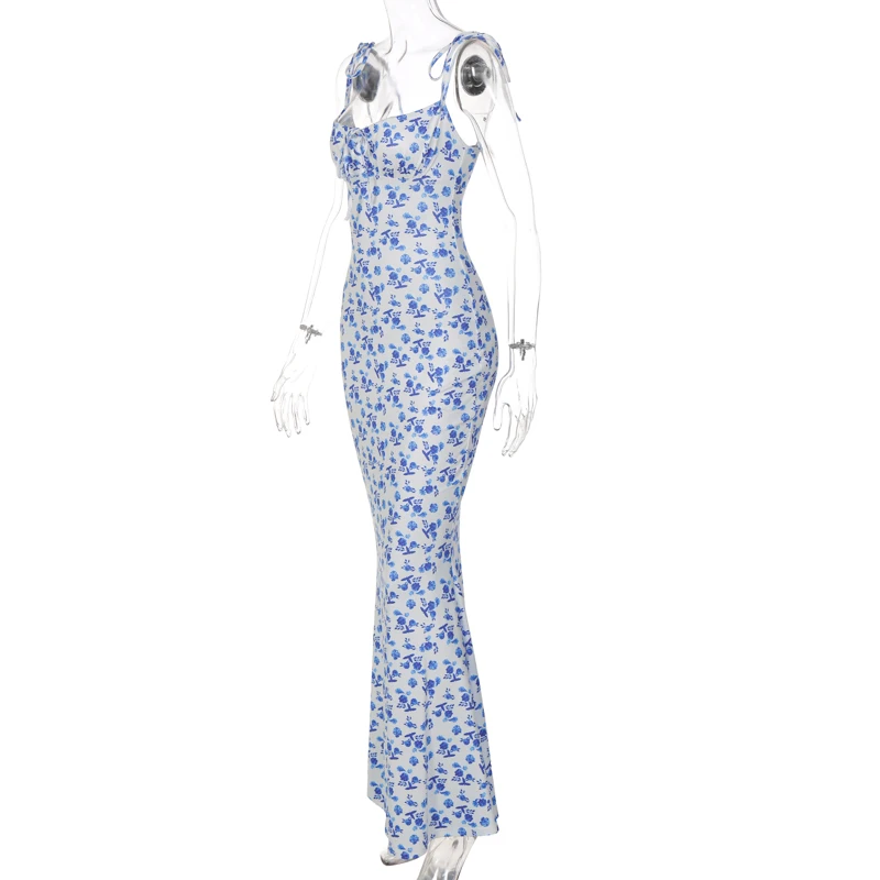 Hugcitar Floral Print Sleeveless Backless Slips Lace Up Maxi Dress Sexy Bodycon Summer Elegant Outfits Holiday Party Wholesale