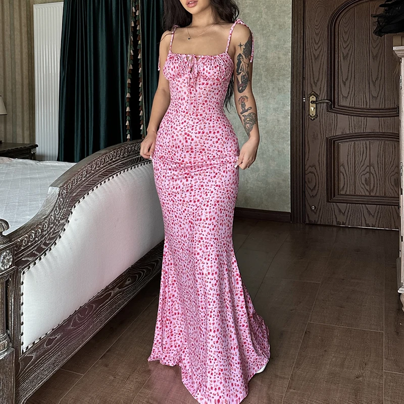 Hugcitar Floral Print Sleeveless Backless Slips Lace Up Maxi Dress Sexy Bodycon Summer Elegant Outfits Holiday Party Wholesale