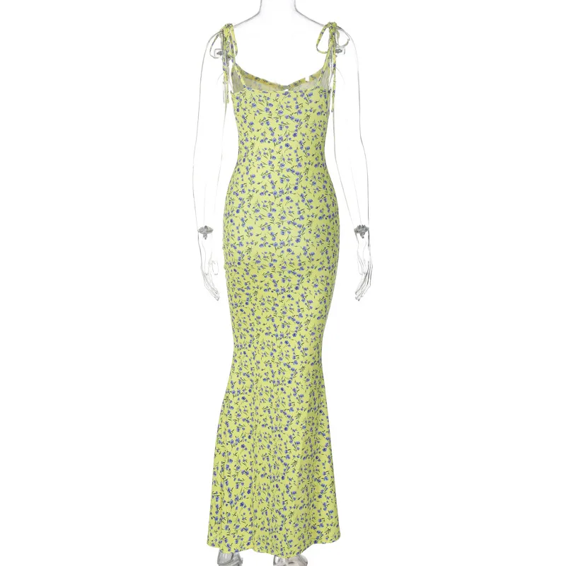 Hugcitar Floral Print Sleeveless Backless Slips Lace Up Maxi Dress Sexy Bodycon Summer Elegant Outfits Holiday Party Wholesale