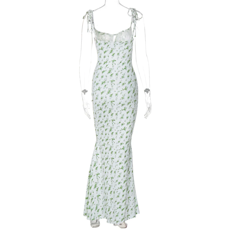 Hugcitar Floral Print Sleeveless Backless Slips Lace Up Maxi Dress Sexy Bodycon Summer Elegant Outfits Holiday Party Wholesale