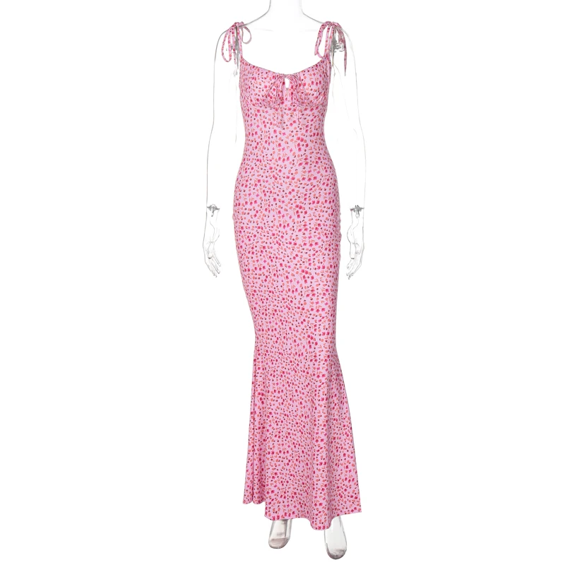 Hugcitar Floral Print Sleeveless Backless Slips Lace Up Maxi Dress Sexy Bodycon Summer Elegant Outfits Holiday Party Wholesale