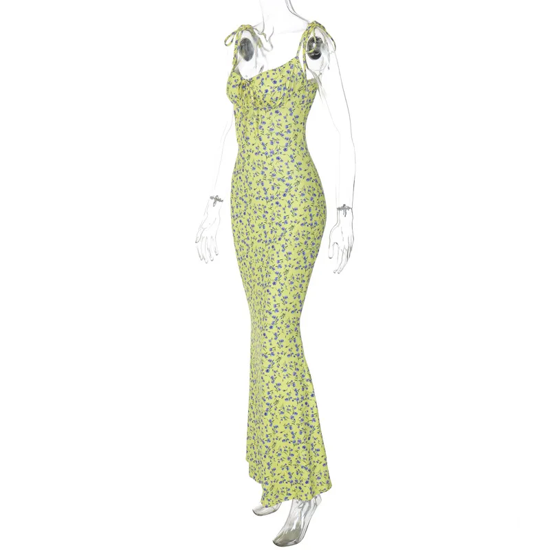 Hugcitar Floral Print Sleeveless Backless Slips Lace Up Maxi Dress Sexy Bodycon Summer Elegant Outfits Holiday Party Wholesale
