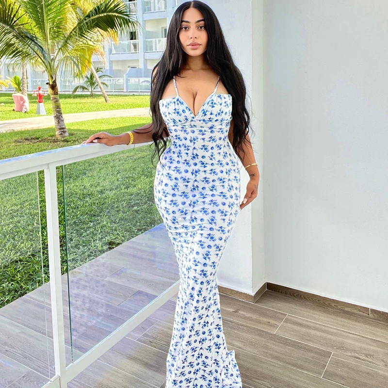 Hugcitar Floral Print Sleeveless Backless Slips Lace Up Maxi Dress Sexy Bodycon Summer Elegant Outfits Holiday Party Wholesale