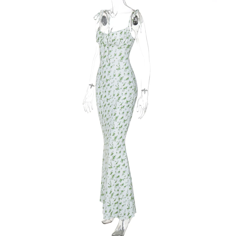 Hugcitar Floral Print Sleeveless Backless Slips Lace Up Maxi Dress Sexy Bodycon Summer Elegant Outfits Holiday Party Wholesale
